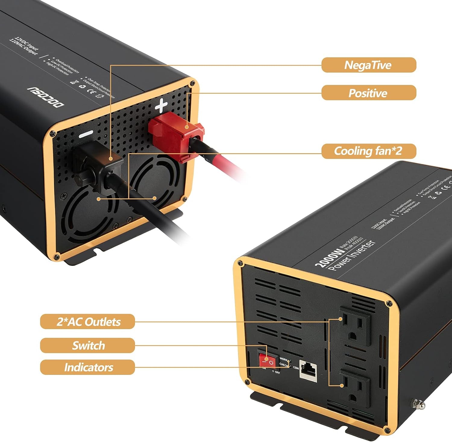 2000W Power Inverter Charger Dual Dc 12V to 120V Ac Outlets Car Converter for Home Camping Outdoor Power Invertor Supply Car RV Truck Boat,Battery Cables Included-Modified Sine Wave