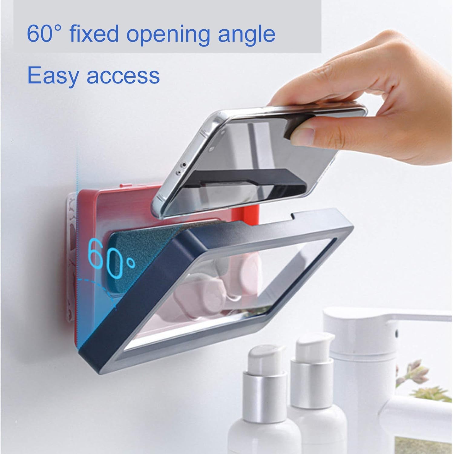 Shower Phone Holder Waterproof Wall Mount Shower TV Case HD Anti-Fog Mirror Phone Shelf Touch Screen Holder for Bathroom(Geek Blue)