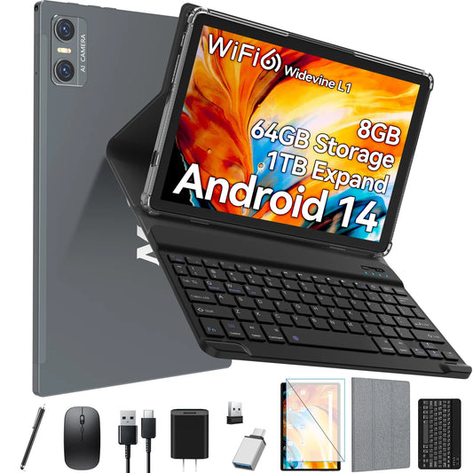 Tablet 10 Inch Android 14 Tablet,Wifi 6 Tablets PC,64GB ROM+8GB RAM( Expand to 1Tb),Octa-Core,5G Wi-Fi,Widevine L1,Bluetooth,Dual Camera,7000Mah,Split Screen,Face Unlocked,2 in 1 Tablet with Keyboard