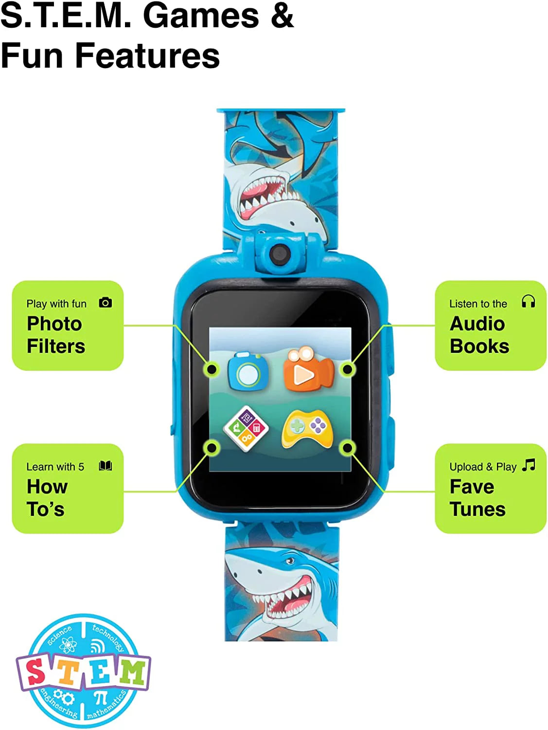 2 Kids Smartwatch - Video Camera Selfies STEM Gift for Kids (Shark Print in Blue)