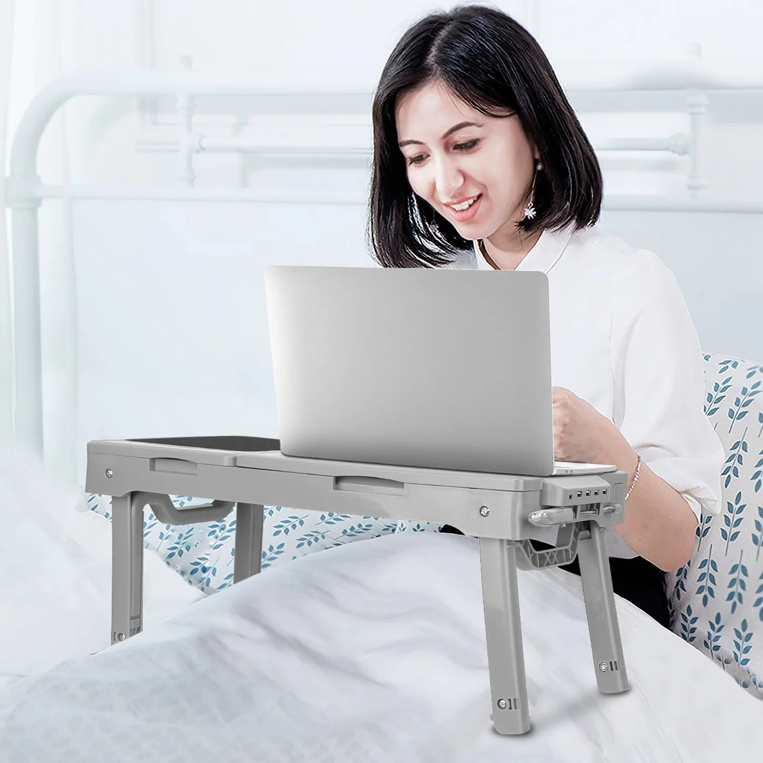 Foldable Laptop Table Tray Desk Height Adjustable Stand Bed Cooling Fan Light Grey