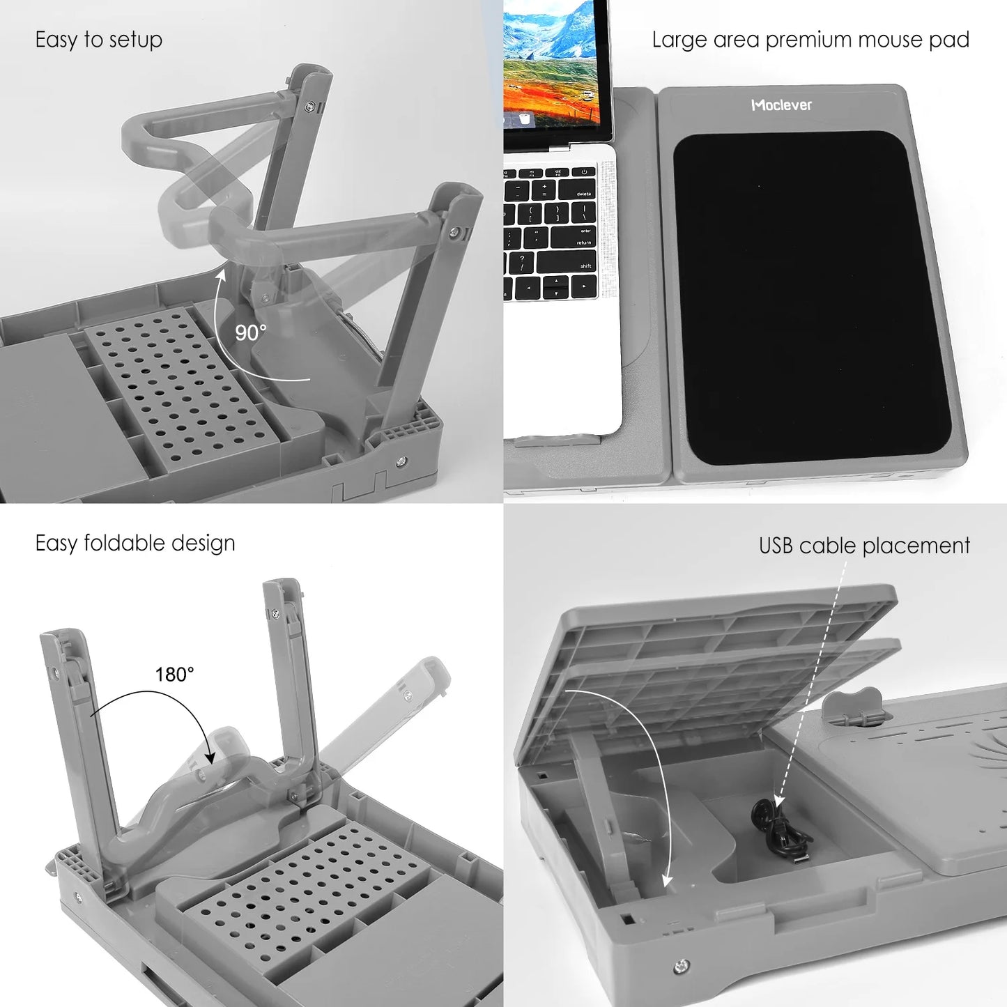 Foldable Laptop Table Tray Desk Height Adjustable Stand Bed Cooling Fan Light Grey