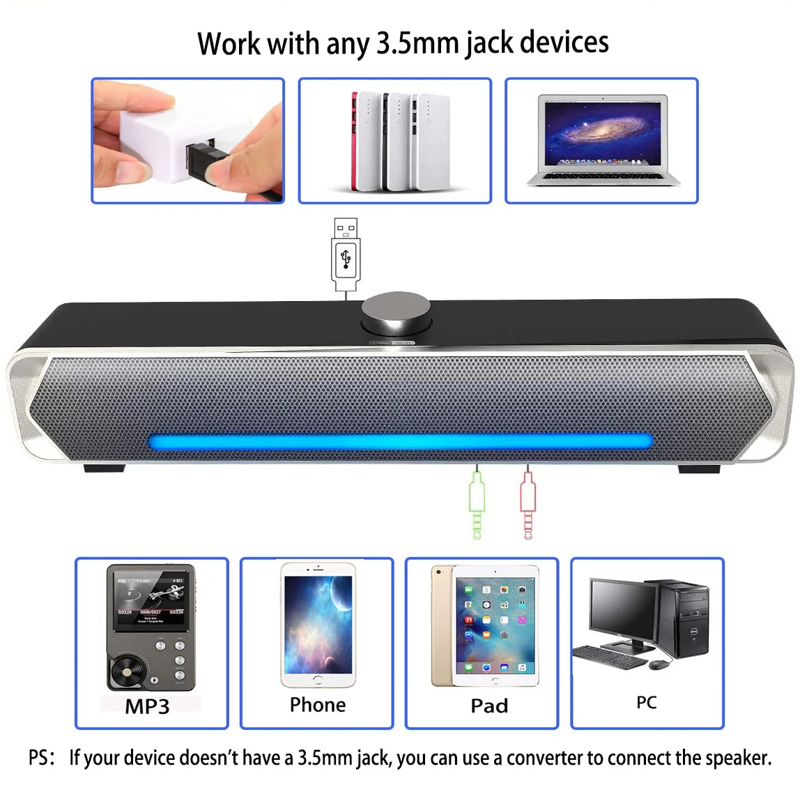 Computer Speakers Wired 3.5Mm USB with LED Light