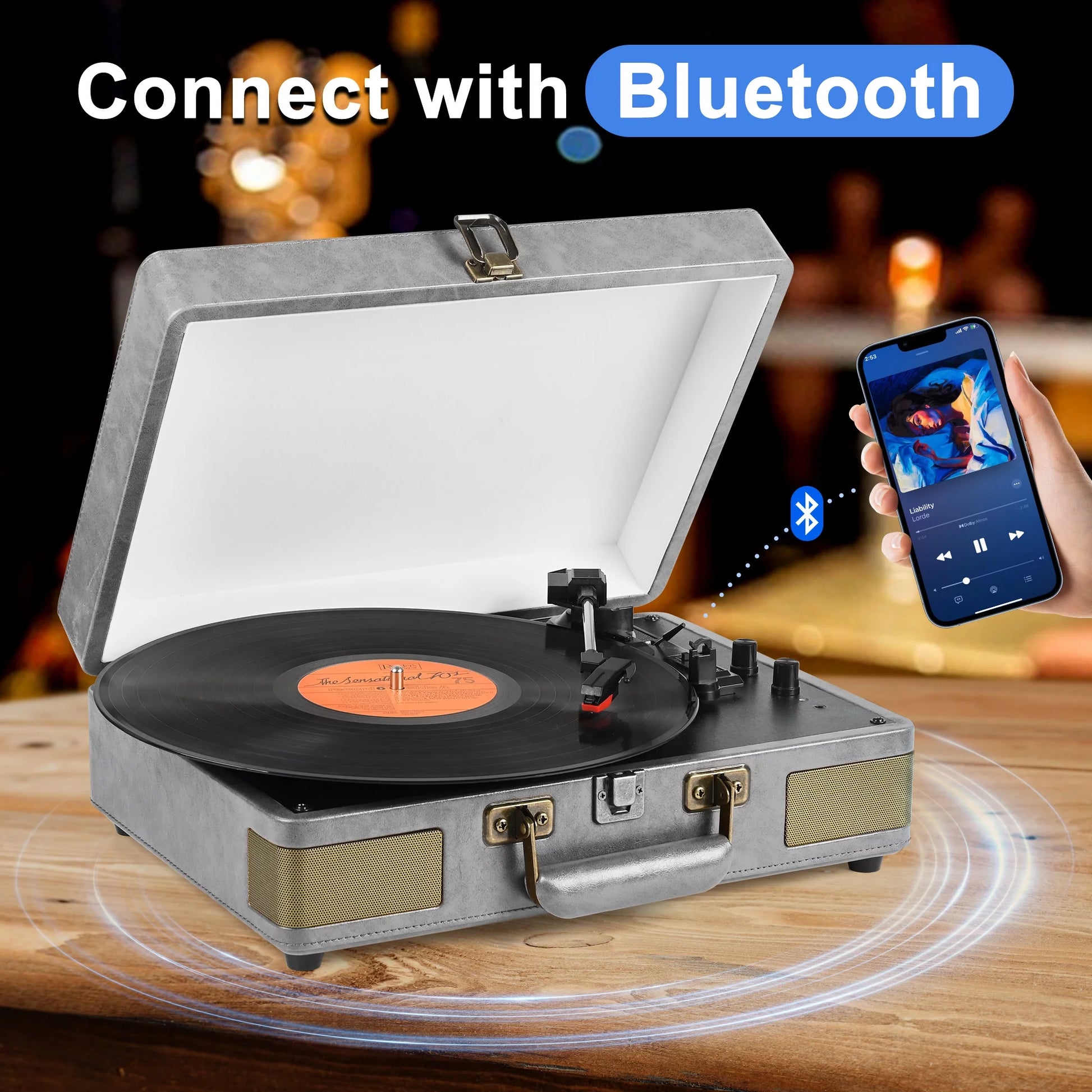 Vinyl Record Player Turntable Bluetooth Portable Suitcase Record Player with Built-In Speakers, Grey