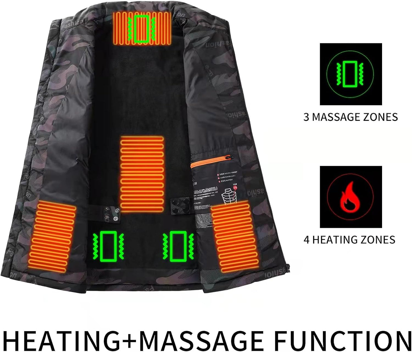 Electric Thermal Vest with Massage Function for Winter Camo Heated Jacket for Men Women with USB Battery Pack