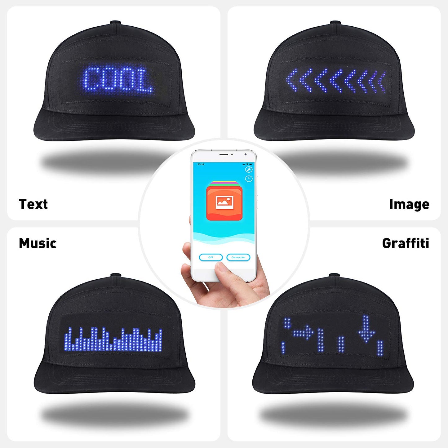 LED Cap, Detachable LED Display Screen Smart Hat Adjustable Cool LED Baseball Cap for Party Christmas Halloween(Blue Light)