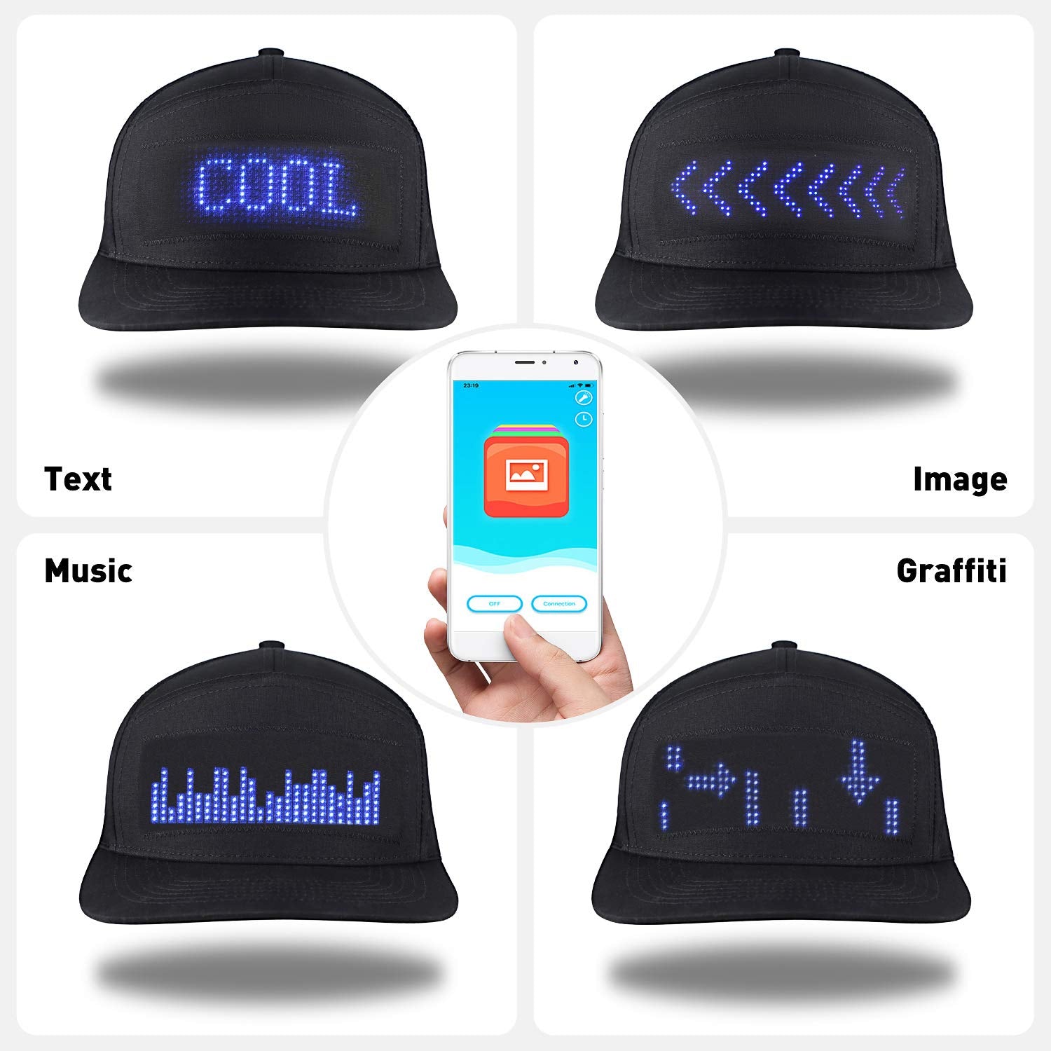 LED Cap, Detachable LED Display Screen Smart Hat Adjustable Cool LED Baseball Cap for Party Christmas Halloween(Blue Light)