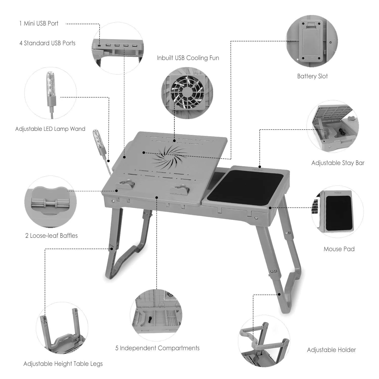 Foldable Laptop Table Tray Desk Height Adjustable Stand Bed Cooling Fan Light Grey