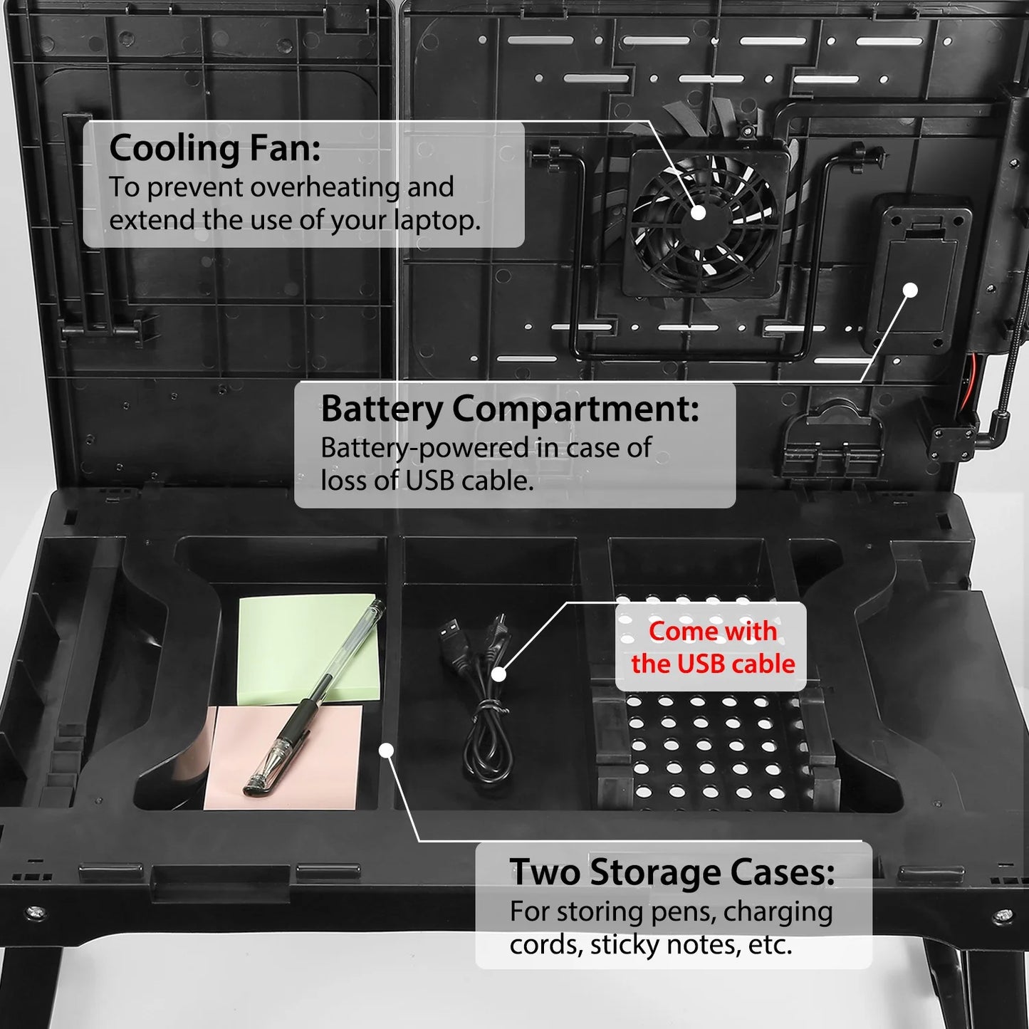 Foldable Laptop Table Tray Desk Height Adjustable Stand Bed Cooling Fan Light Black