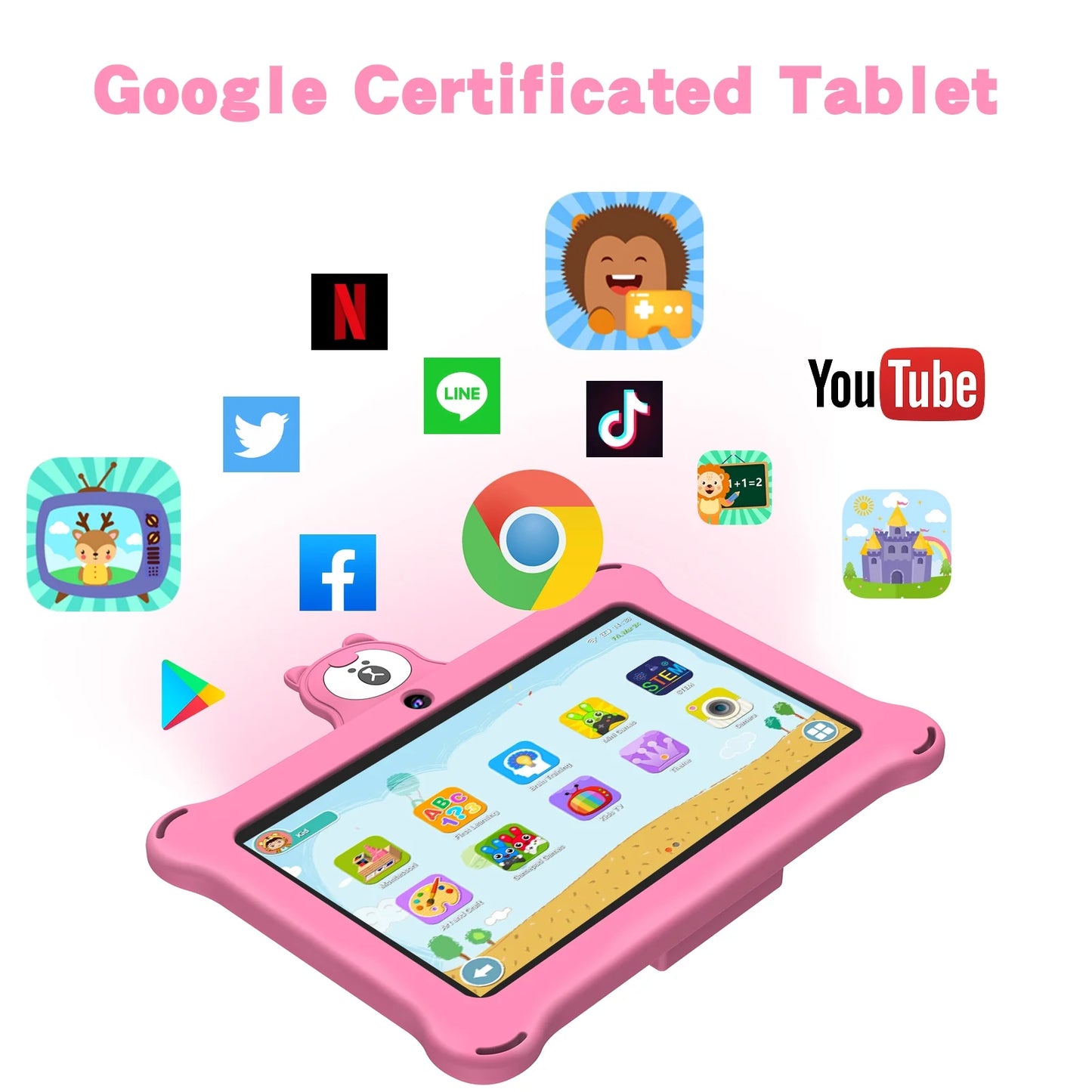 Kids Tablet 7 Inch 32GB Wifi Android Tablet for Kids| Bluetooth | Parental Control | Pre-Installed Learning Tablet Apps for Toddlers Children | with Shockproof Case(Pink)