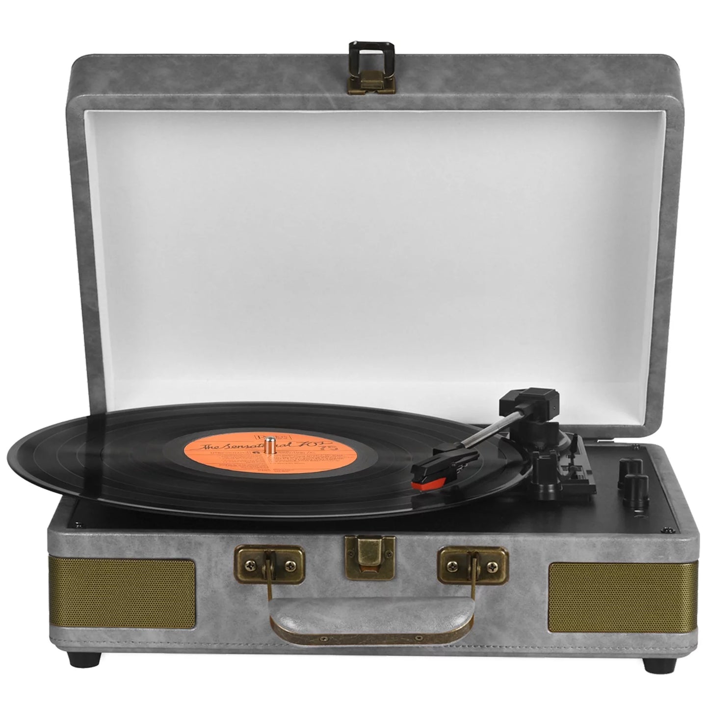 Vinyl Record Player Turntable Bluetooth Portable Suitcase Record Player with Built-In Speakers, Grey