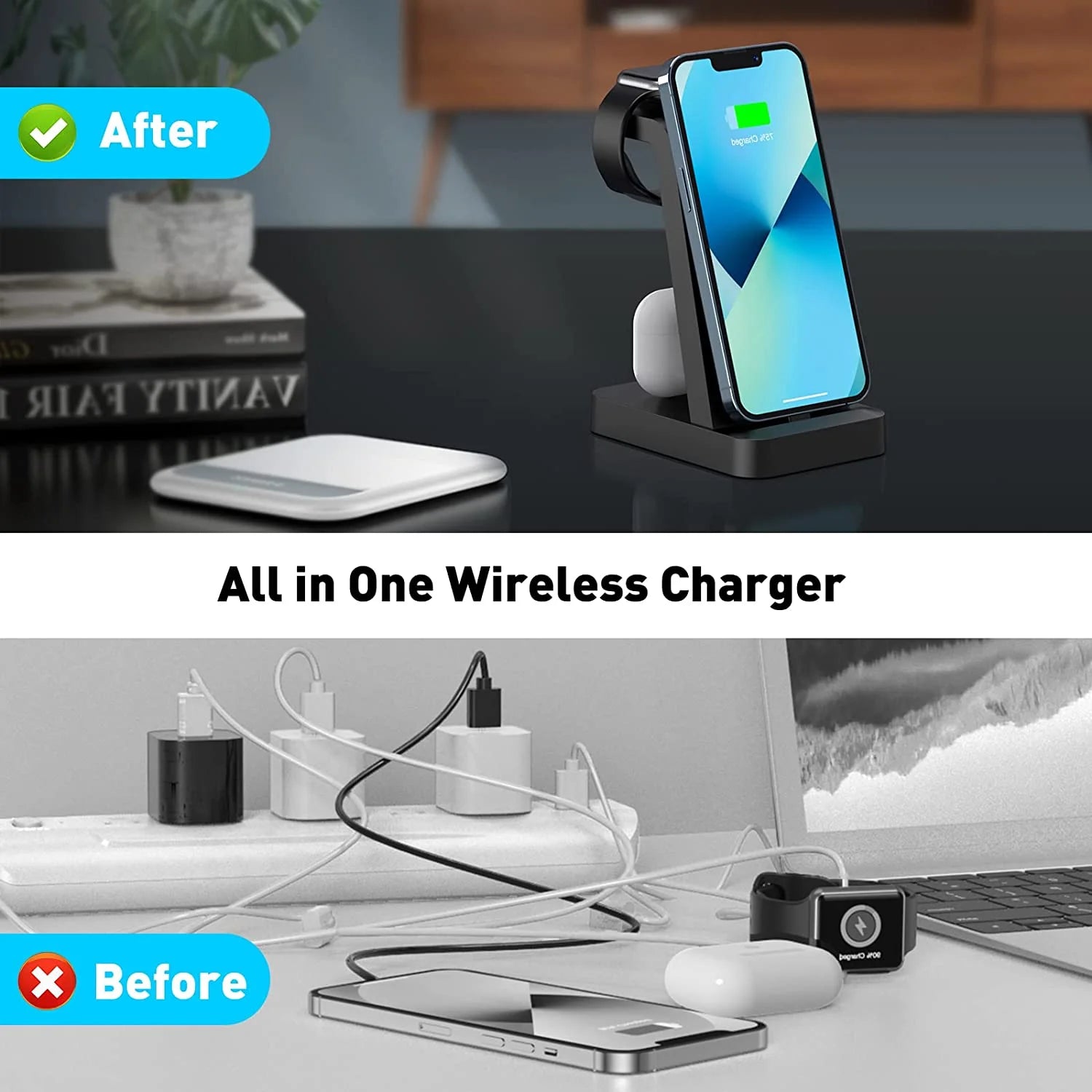 Charging Station for Iphone -  3 in 1 Wireless Charger for Iphone 14 13 12 11 Pro X Max XS XR, Iwatch Charger for Apple Watch Series & Airpods, Black