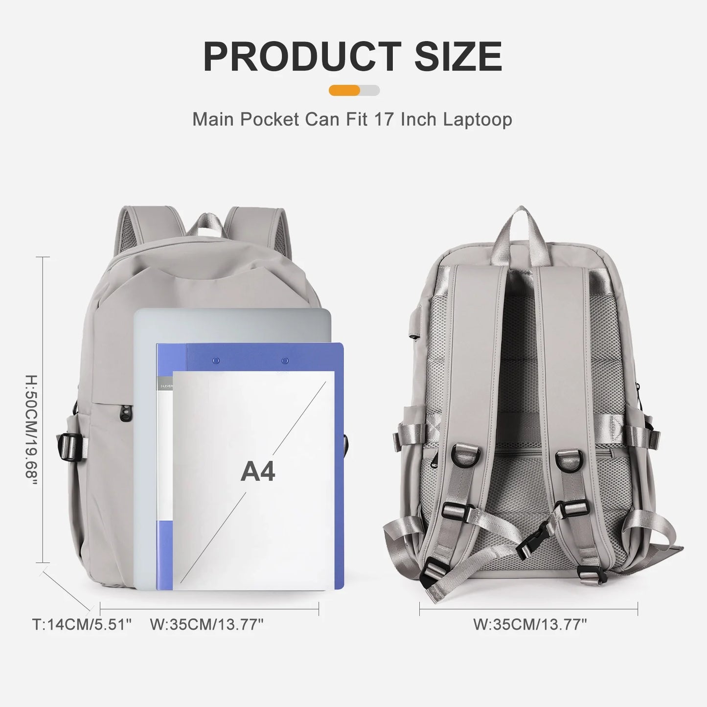 Large Black Laptop Backpack 17 Inch with USB Charging Port for Women Men Waterproof College Backpack with Laptop Compartment Casual Daypack Backpacks Carry on Backpack for Sport Light Grey