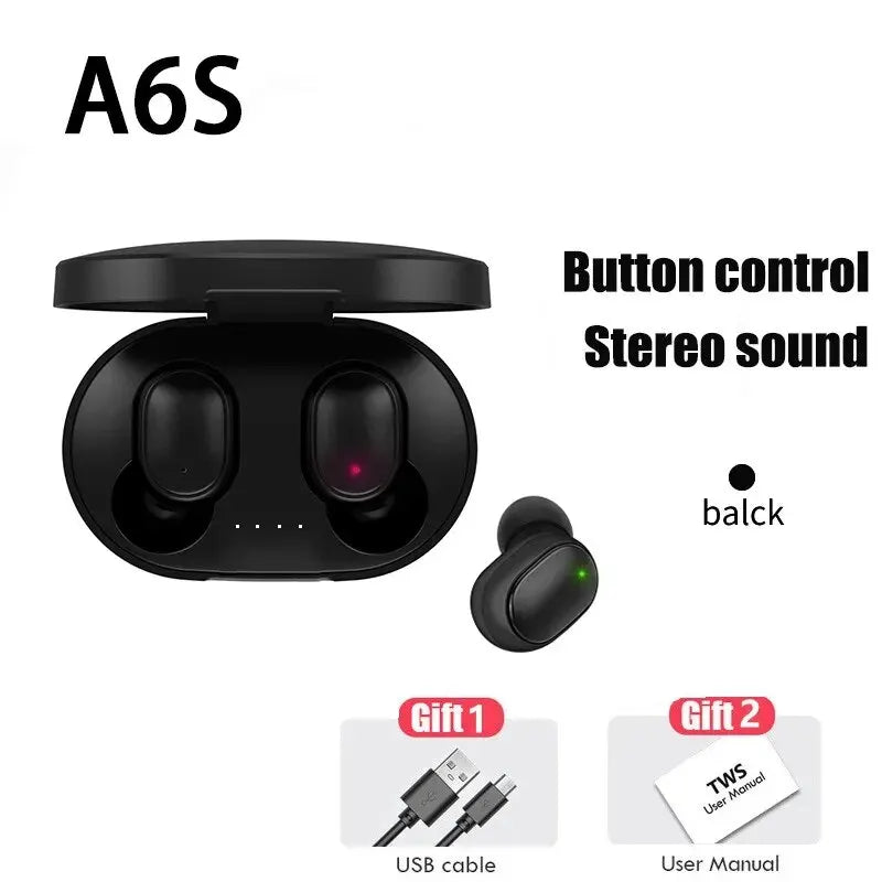 TWS A6S Wireless Bluetooth Headset Earbuds Noice Cancelling Earphone Bluetooth Headphones with Mic for Huawei Xiaomi Redmi