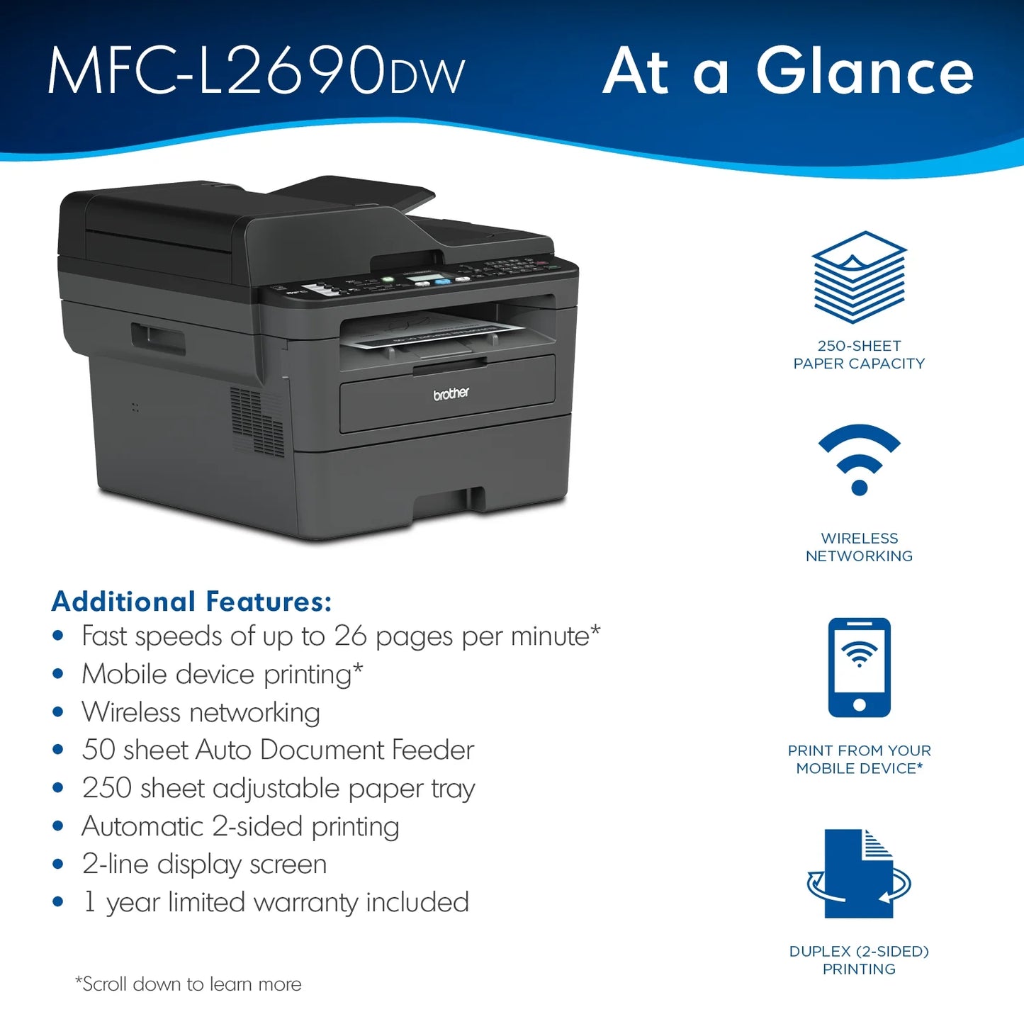 MFC-L2690DW Monochrome Laser All-In-One Printer, Duplex Printing, Wireless Connectivity