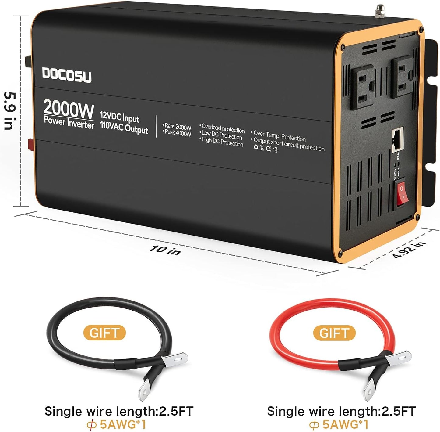 2000W Power Inverter Charger Dual Dc 12V to 120V Ac Outlets Car Converter for Home Camping Outdoor Power Invertor Supply Car RV Truck Boat,Battery Cables Included-Modified Sine Wave