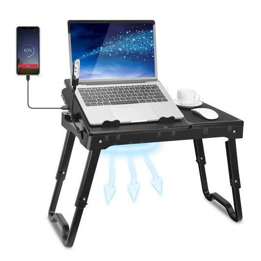 Foldable Laptop Table Tray Desk Height Adjustable Stand Bed Cooling Fan Light Black