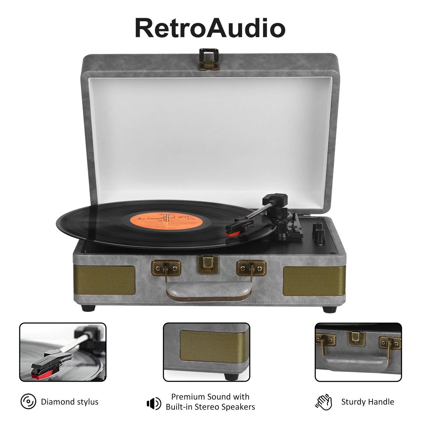 Vinyl Record Player Turntable Bluetooth Portable Suitcase Record Player with Built-In Speakers, Grey