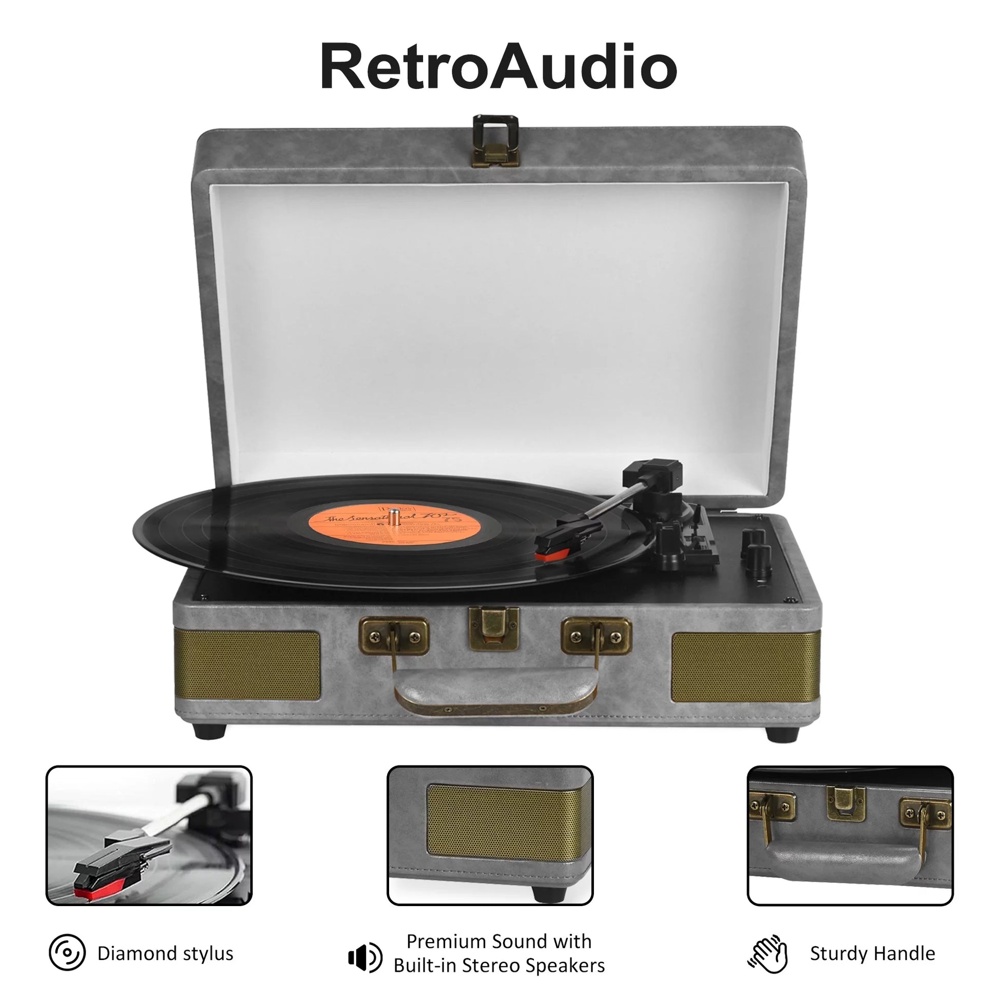 Vinyl Record Player Turntable Bluetooth Portable Suitcase Record Player with Built-In Speakers, Grey