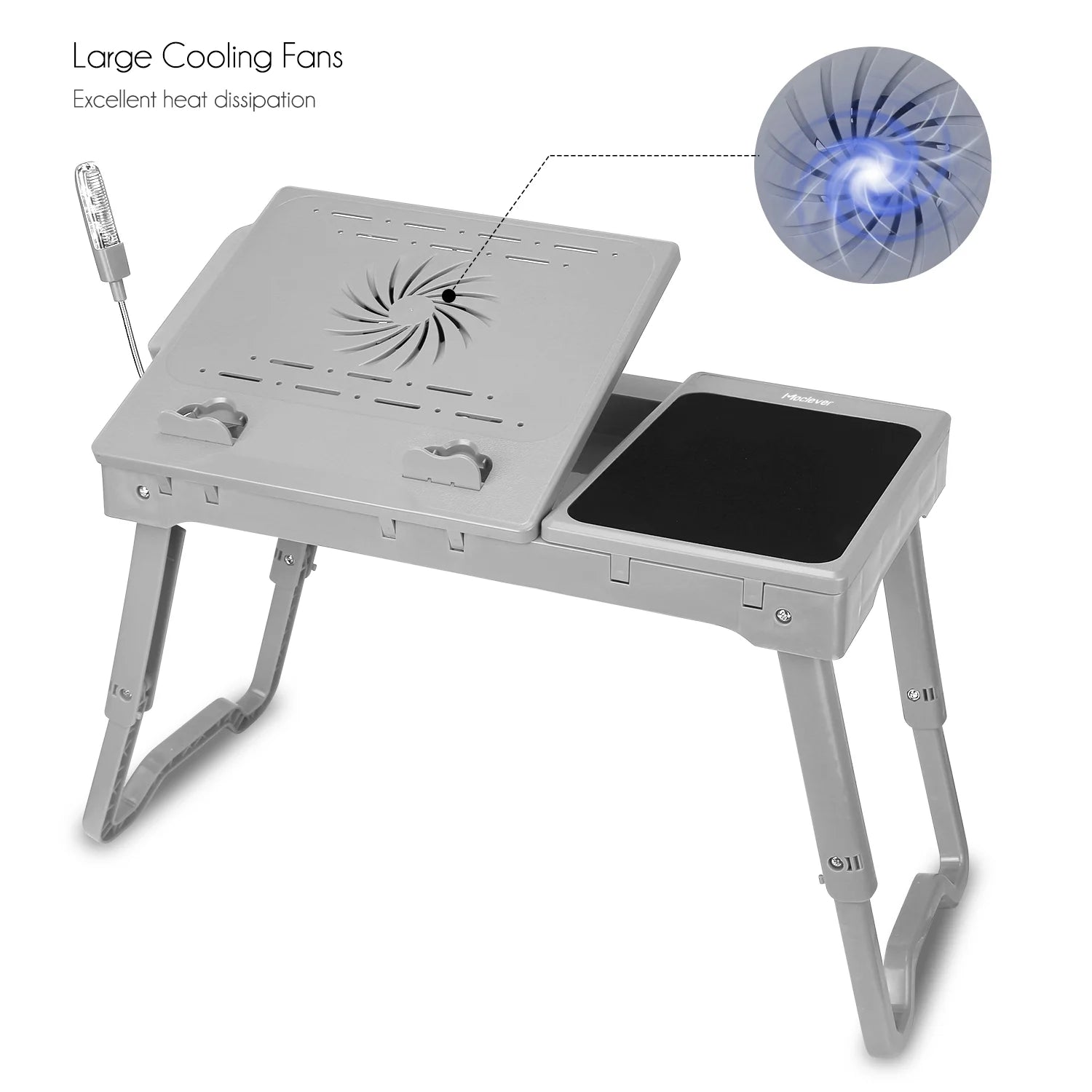 Foldable Laptop Table Tray Desk Height Adjustable Stand Bed Cooling Fan Light Grey