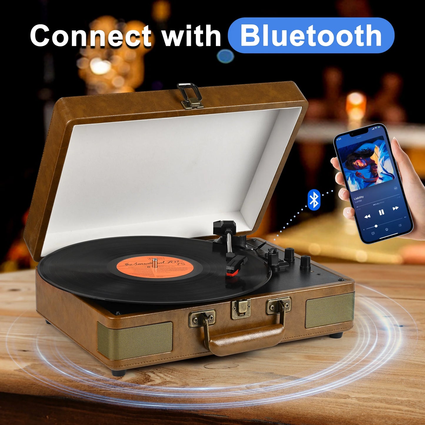 Record Player 3-Speed Bluetooth Portable Suitcase Record Player with Built-In Speakers Audio Turntable