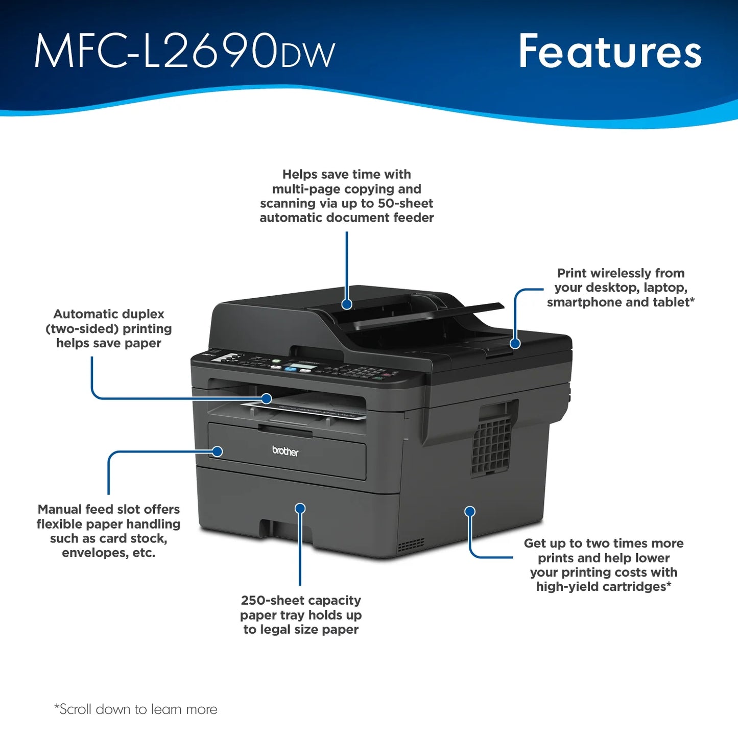 MFC-L2690DW Monochrome Laser All-In-One Printer, Duplex Printing, Wireless Connectivity