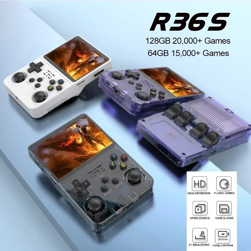 Retro R36S Handheld Game Console - Open Source Linux, 3.5" IPS Screen, 64GB/128GB Games, Portable Gaming on the Go!