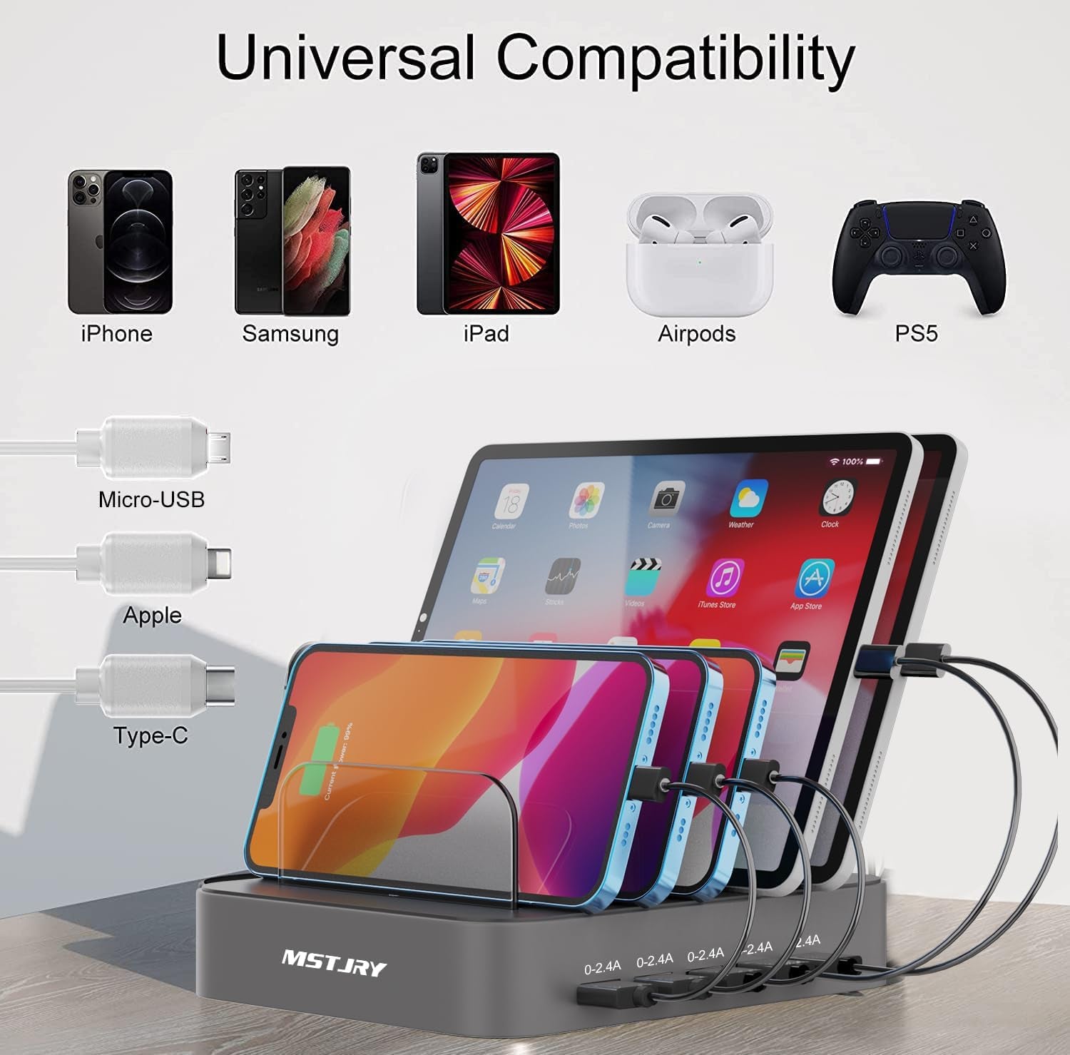 Charging Station for Multiple Devices,  5 Port Multi USB-A Charger Station with Power Switch Designed for Iphone Ipad Cell Phone Tablets (Gray, 7 Mixed Short Cables Included)