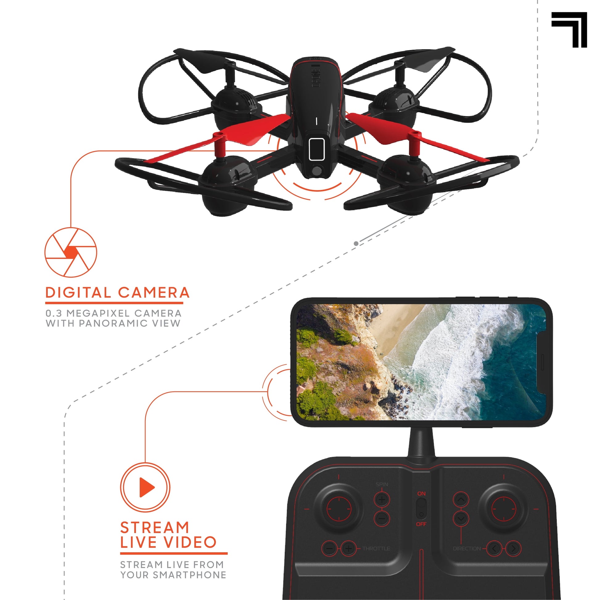 2.4Ghz RC Mach 10Inch Drone with Stream Camera, Remote Controlled Quadcopter with Assisted Landing, Wireless and Rechargeable