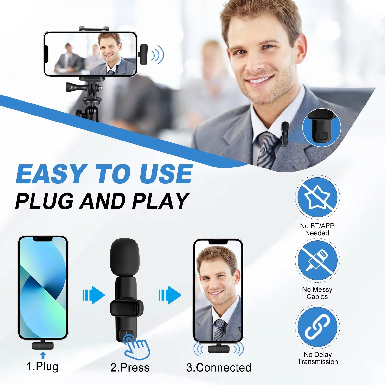 Dual Wireless Lavalier Microphone for Iphone Clip-On Mini Lapel Mics with Clip for Vlog, Youtube, Online Class