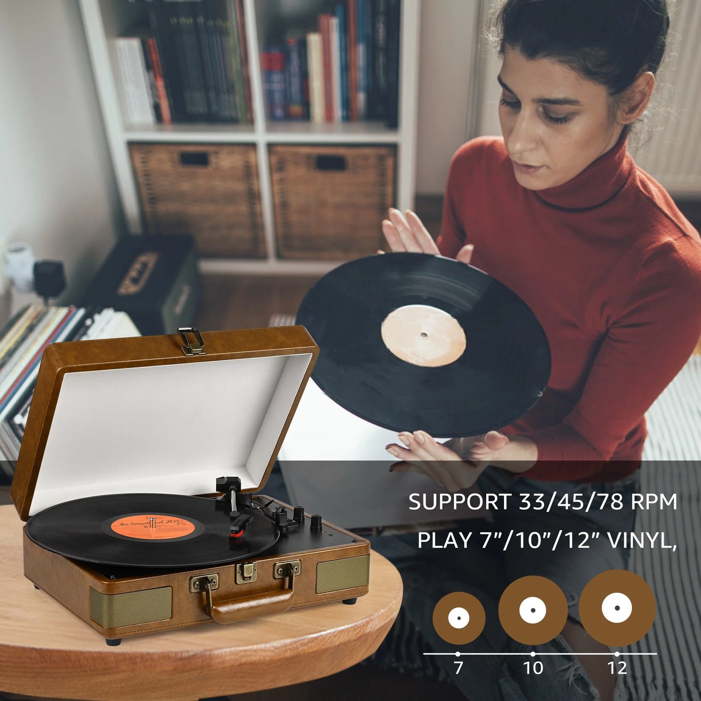 Record Player 3-Speed Bluetooth Portable Suitcase Record Player with Built-In Speakers Audio Turntable