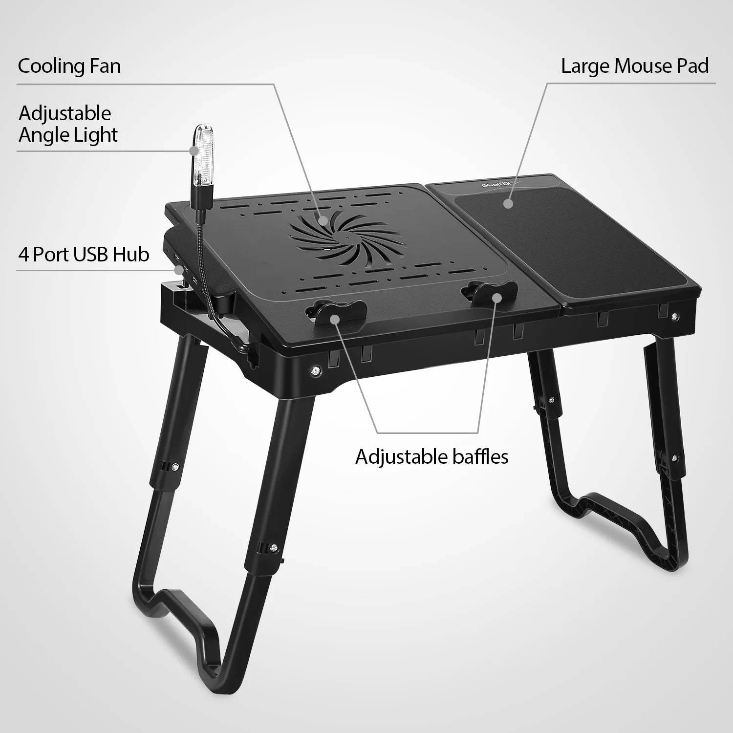 Foldable Laptop Table Tray Desk Height Adjustable Stand Bed Cooling Fan Light Black