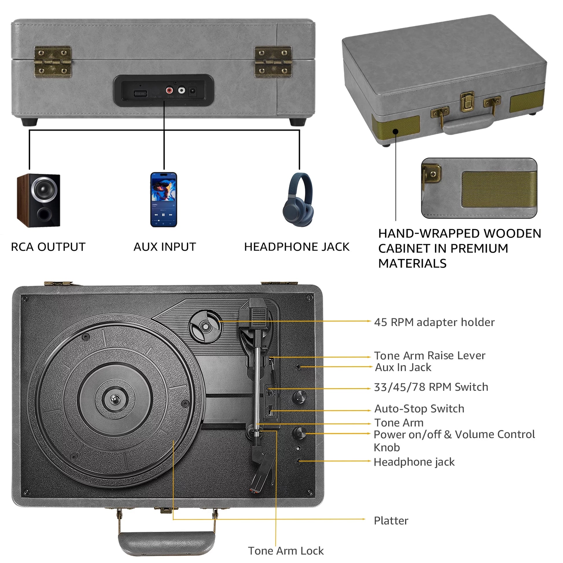 Vinyl Record Player Turntable Bluetooth Portable Suitcase Record Player with Built-In Speakers, Grey