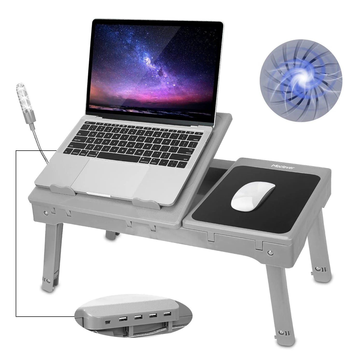 Foldable Laptop Table Tray Desk Height Adjustable Stand Bed Cooling Fan Light Grey